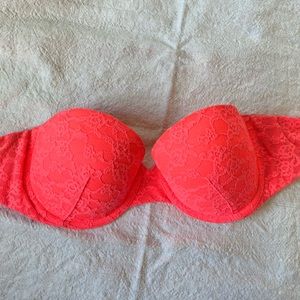 Neon pink/coral Victoria’s Secret strapless bra, size 36B